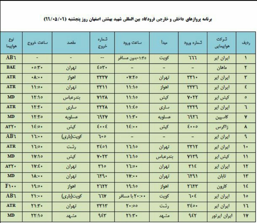 فهرست پروازهای فرودگاه شهید بهشتی اصفهان