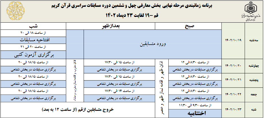 اعلام برنامه زمانی بخش معارفی مسابقات سراسری قرآن