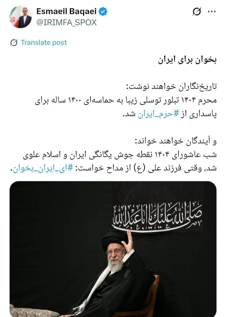 بقائی: شب عاشورای ۱۴۰۴ نقطه پیوند یگانگی ایران و اسلام علوی