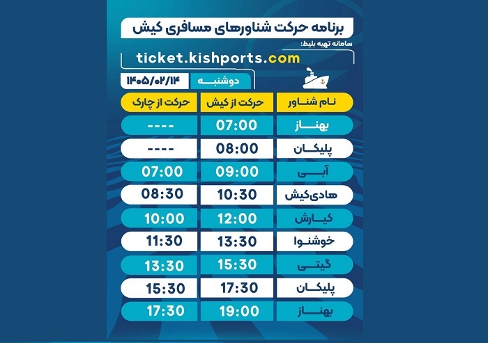 برنامه حرکت شناور‌های مسافربری و حمل خودرو کیش، دوشنبه ۱۴ اردیبهشت